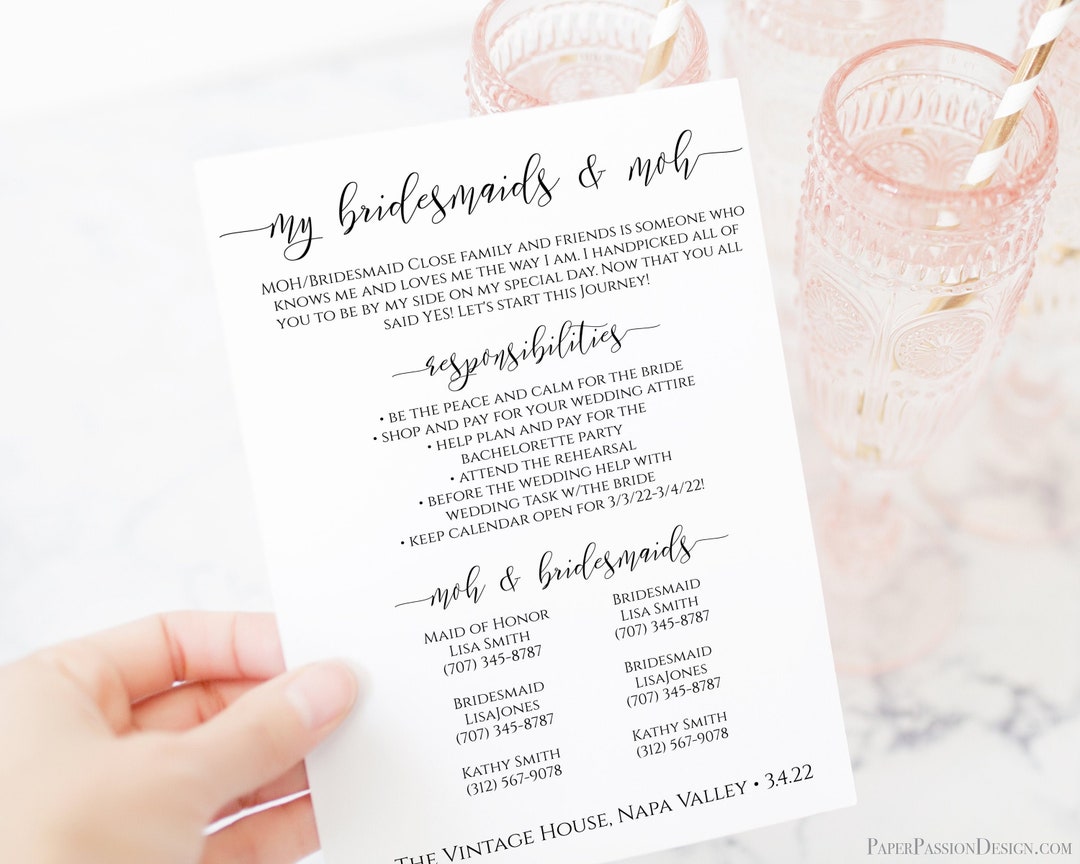 Bridesmaids Commitment Card, Printable Bridesmaid Pledge, Letter to ...