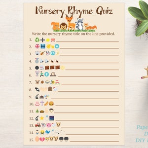 Emoji Nursery Rhyme Quiz Woodland Animal Baby Shower Game Gender Neutral Theme Printable Game 0046 image 3