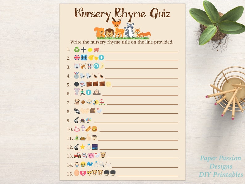 Emoji Nursery Rhyme Quiz Woodland Animal Baby Shower Game Gender Neutral Theme Printable Game 0046 image 3