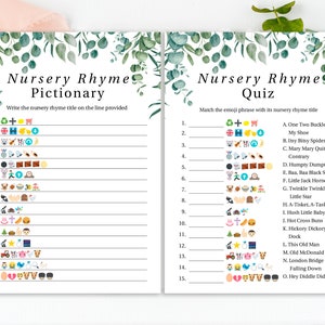 Emoji Nursery Rhyme Quiz Greenery Eucalyptus Baby Shower Game Green Foliage Gender Neutral Theme Printable Game PPB0440 image 1