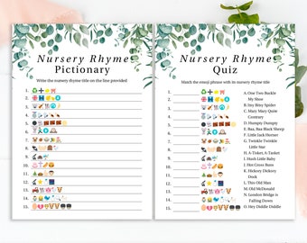 Emoji Nursery Rhyme Quiz ~ Greenery Eucalyptus  Baby Shower Game ~ Green Foliage Gender Neutral Theme ~ Printable Game PPB0440