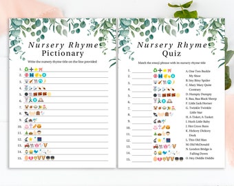 May include: Two printable game cards with a green leafy border. The left card is titled "Nursery Rhyme Pictionary" and has 15 lines with emojis next to each line. The right card is titled "Nursery Rhyme Quiz" and has 15 lines with emojis next to each line and a list of nursery rhyme titles next to the lines.