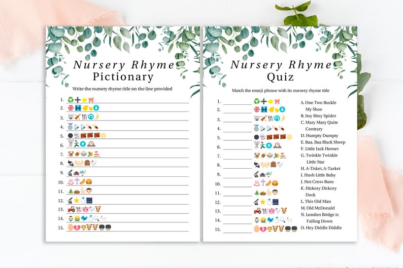 Emoji Nursery Rhyme Quiz Greenery Eucalyptus Baby Shower Game Green Foliage Gender Neutral Theme Printable Game PPB0440 image 1