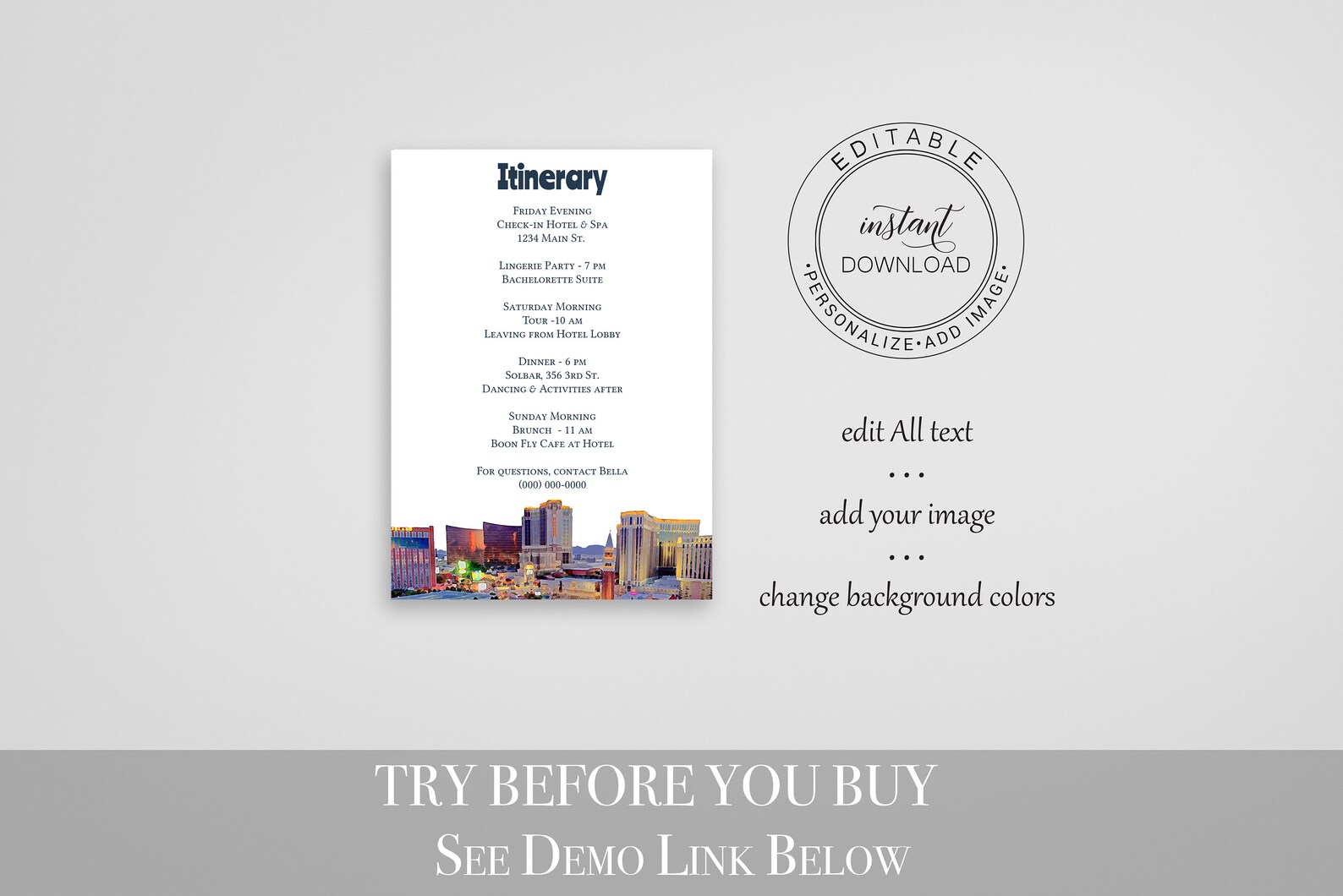 Las Vegas Itinerary Template Details Card Bachelorette Etsy