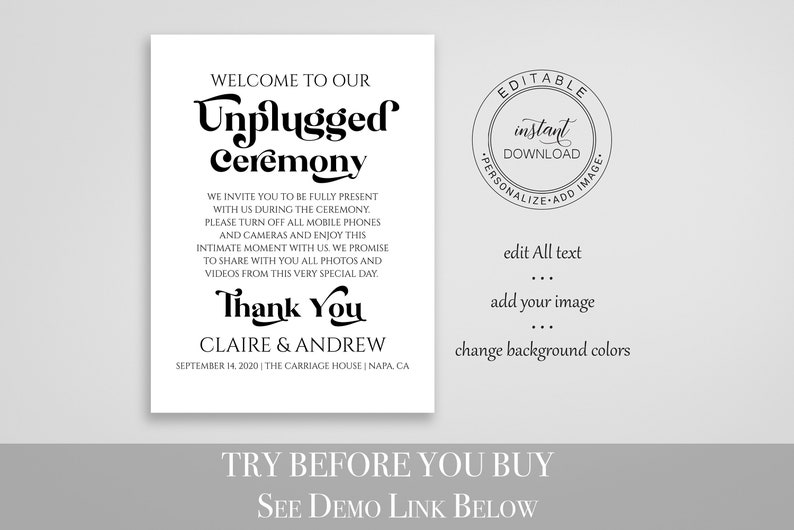 Unplugged Wedding Ceremony Sign Template, Wedding Welcome Sign, Editable Large Display Sign PPW74 image 3