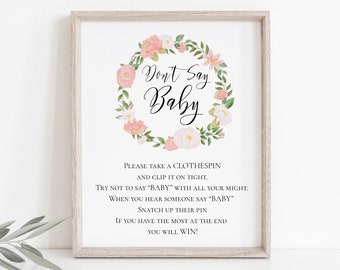 Pink Floral Don't Say Baby Sign Template, Baby Girl Shower Game Printable  PPB0230