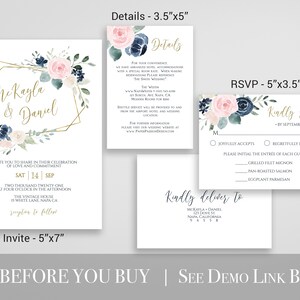 Wedding Invitation Suite, Invite, RSVP, Details Card, Navy and Pink Floral, Gold Frame, Editable Corjl Template PPW265 OLEA image 2