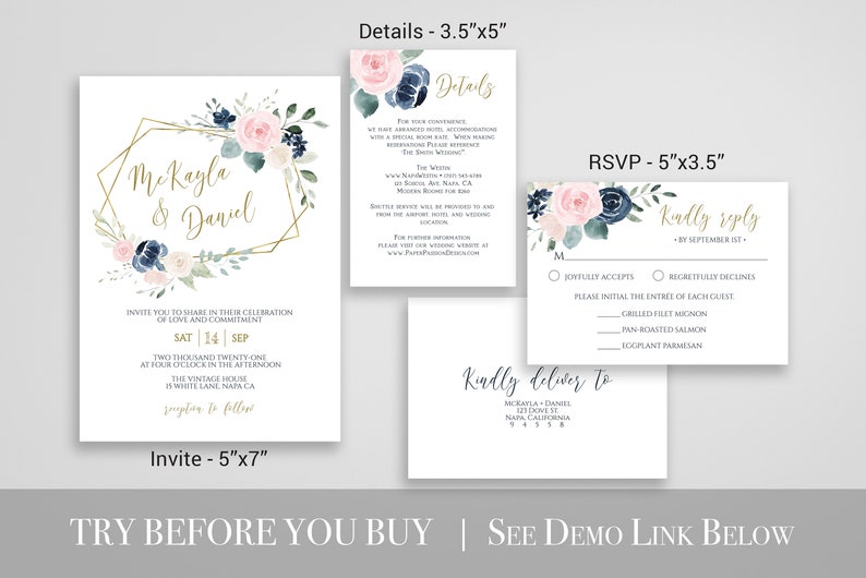 Wedding Invitation Suite, Invite, RSVP, Details Card, Navy and Pink Floral, Gold Frame, Editable Corjl Template PPW265 OLEA image 2