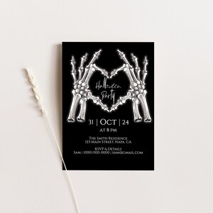 Halloween Party Invitation Template, Skeleton Hand Heart , Skeleton, Vintage Gothic Invite PPW750 AGATHA