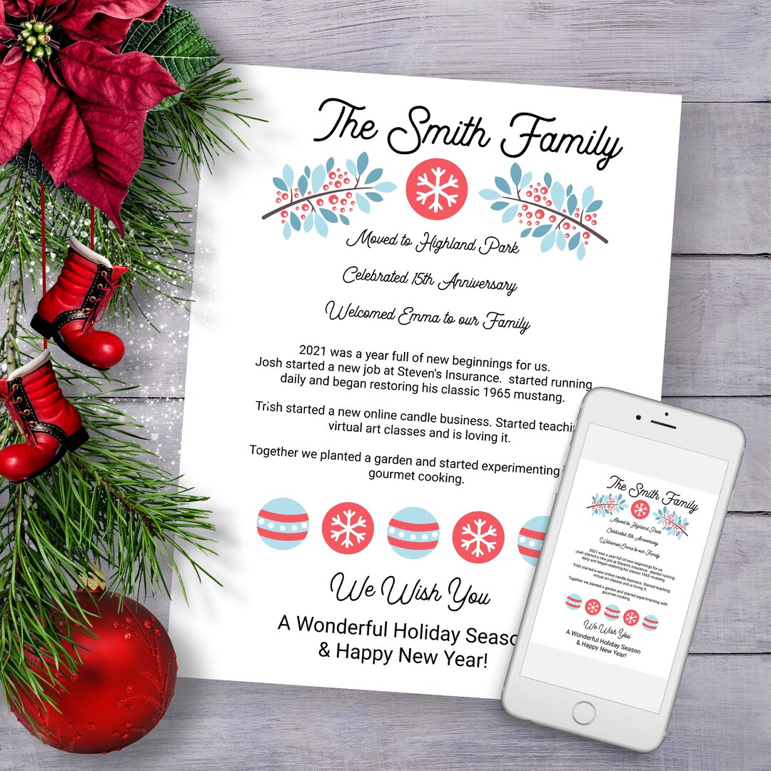 Christmas Letter Template, Year in Review, Blue Foliage Holiday ...