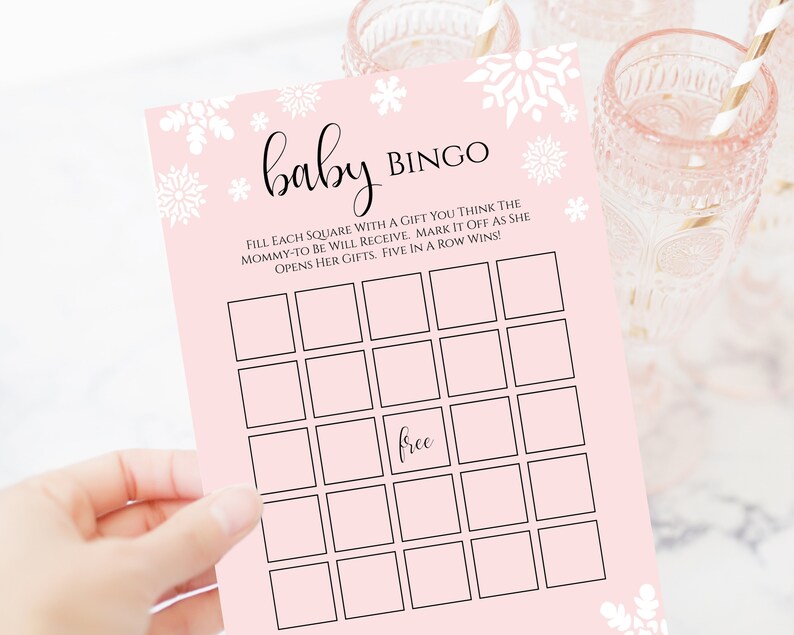 Baby Bingo, Winter Snowflake, Pink, Blue, Kraft, Baby Shower Jeu imprimable NEVE PPB300 image 2