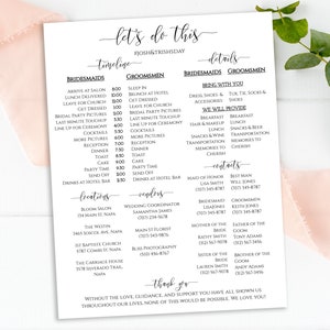 Wedding Party Timeline, Printable Wedding Day Schedule, Groomsmen Itinerary, Bridesmaid Agenda 100% Editable, Corjl PPW0550 Grace
