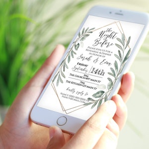 Wedding Rehearsal Dinner Invite, The Night Before Electronic Invitation, Evite, Digital, Text Message, Gold and Greenery, Template CEDAR-N4 image 8