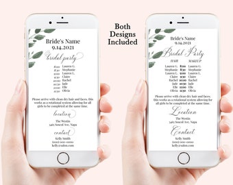 Greenery Wedding Party Hair & Makeup Timeline, Electronic Itinerary, Evite, Digital, Text Message, Editable, Corjl Videre-C4