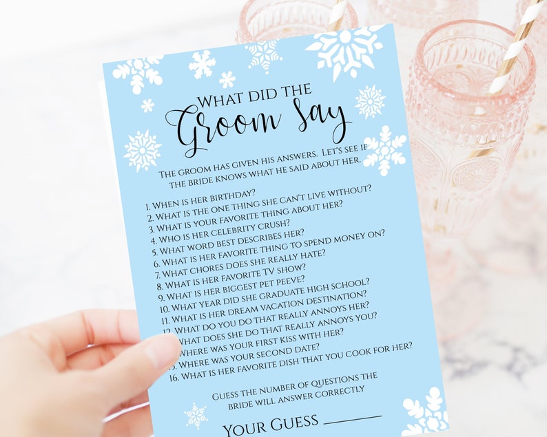 Snowflake Bridal Shower Game Template, What Did The Groom Say Game, Editable Printable, Personalize Corjl NEVE PPW300hat image 8