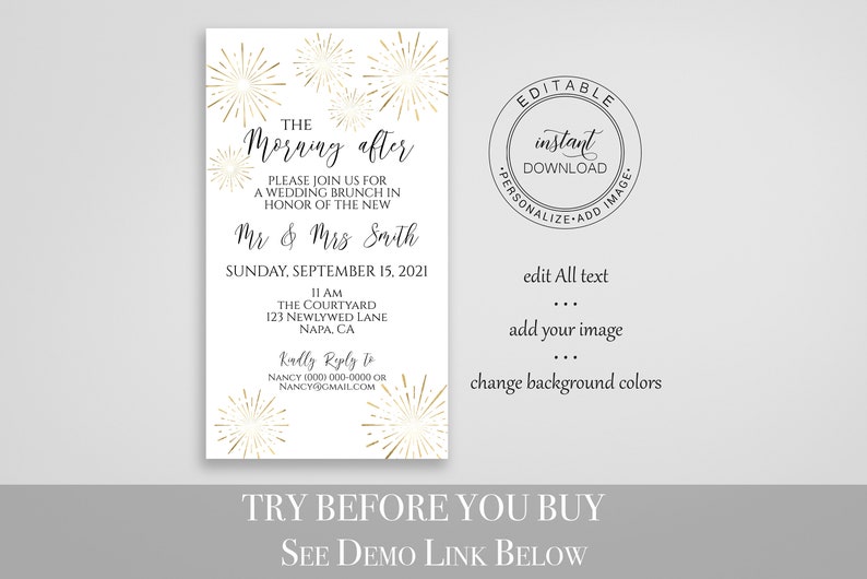 Electronic Wedding Brunch Invitation, The Morning After Mobile Phone Invite, Evite, Text message, Email, Editable Text, Corjl PPW-NY21 image 2