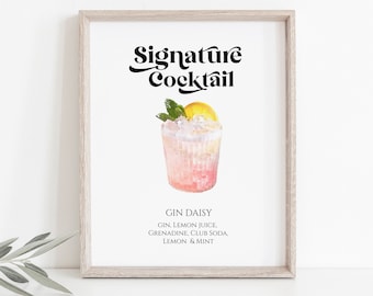 Watercolor Cocktail Bar Menu Sign Template, Wedding Signature Drink Menu, Event Decoration Modern Retro Sign, Personalize Editable PPW74