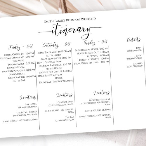 Event Itinerary & Details Family Reunion Weekend Printable Etsy