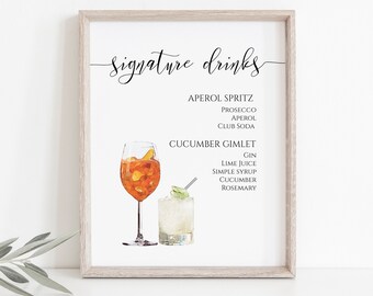 Signature Watercolor Drinks Sign, Bar Menu, Bride and Groom Cocktail Template, Wedding Printable, Instant Download, Editable PPW0550 Grace