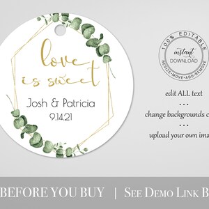 Gold Greenery Love is Sweet Favor Tag, Wedding and Bridal Circle Sticker Template, Shower Label Template, Printable Editable, PPW0445 image 3