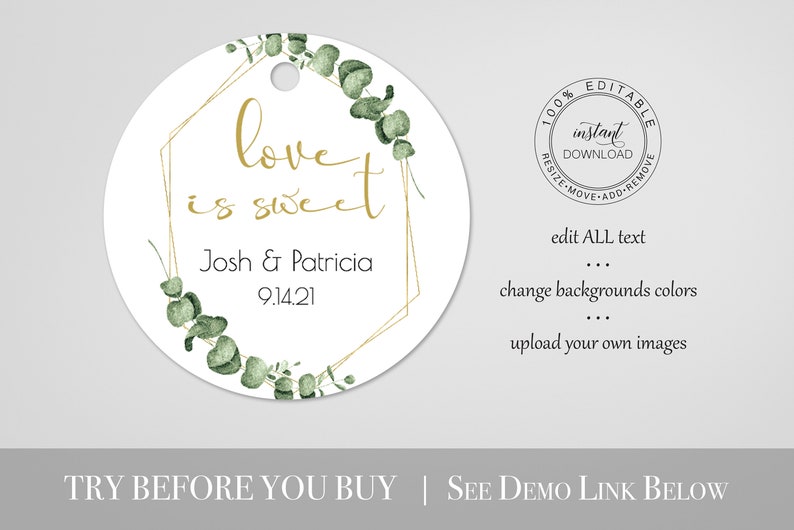 Gold Greenery Love is Sweet Favor Tag, Wedding and Bridal Circle Sticker Template, Shower Label Template, Printable Editable, PPW0445 image 3