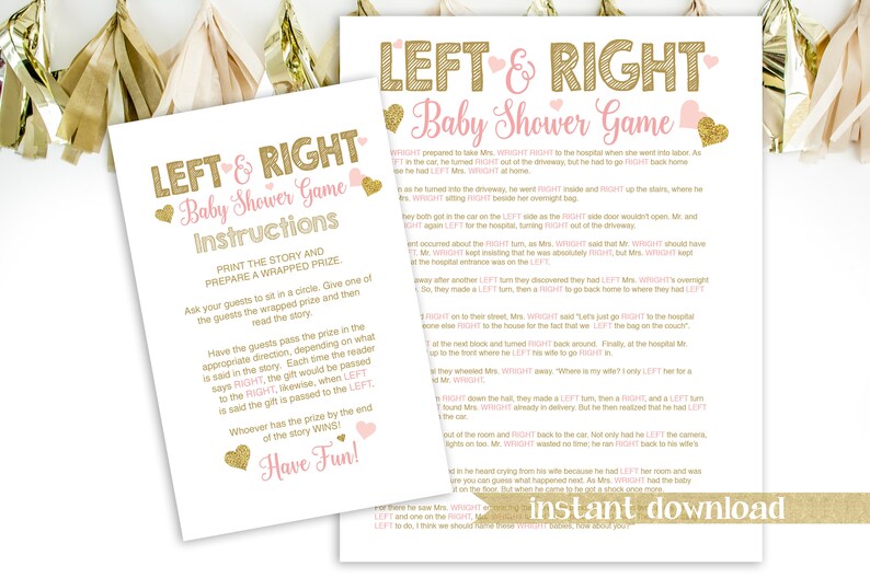 Glitter Left Right Baby Shower Story Game Pink and Gold Baby Shower Baby Girl Hearts Printable Game 5GL_PG image 1