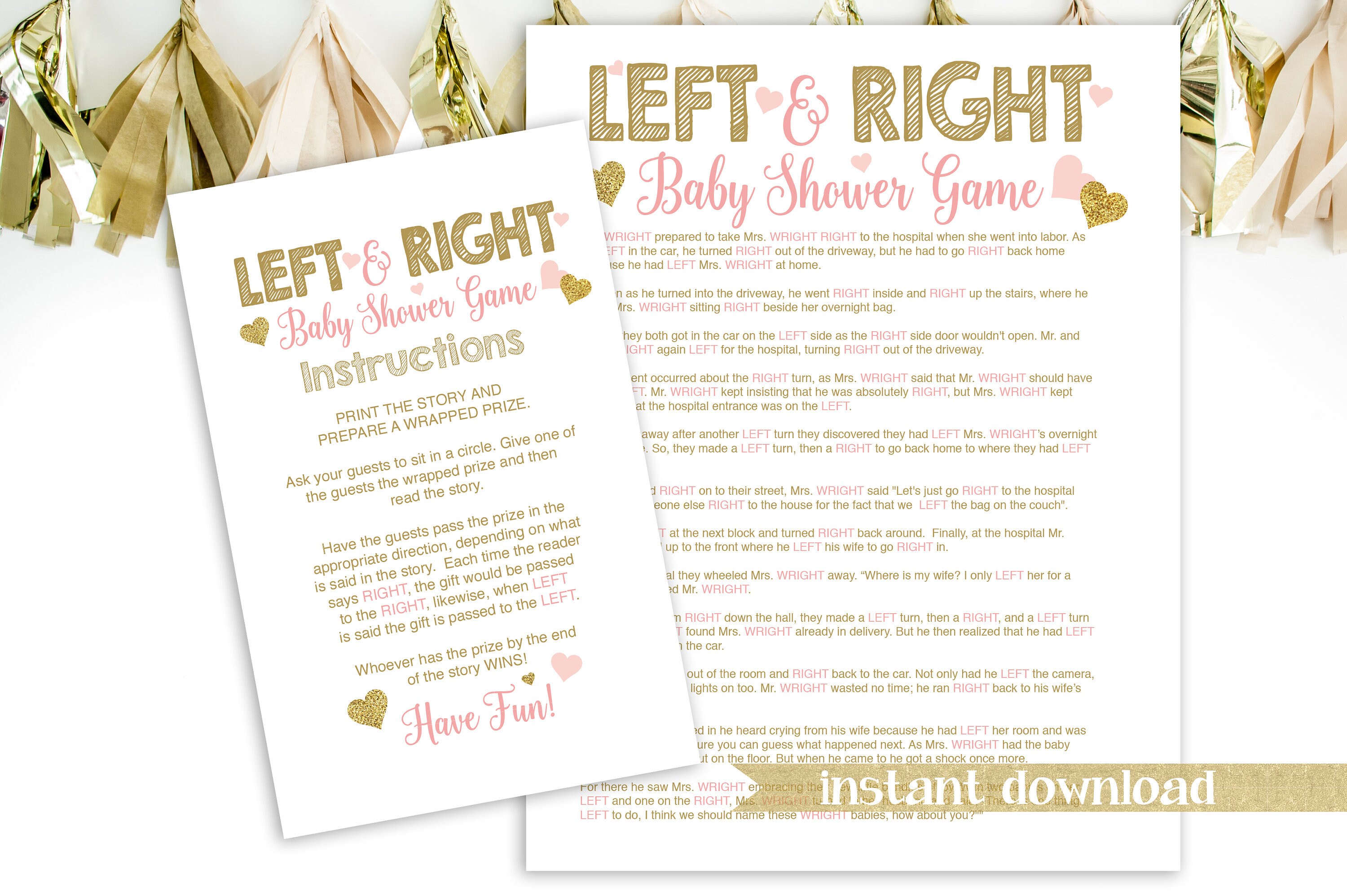 Glitter Left Right Baby Shower Story Game Pink And Gold Baby Etsy