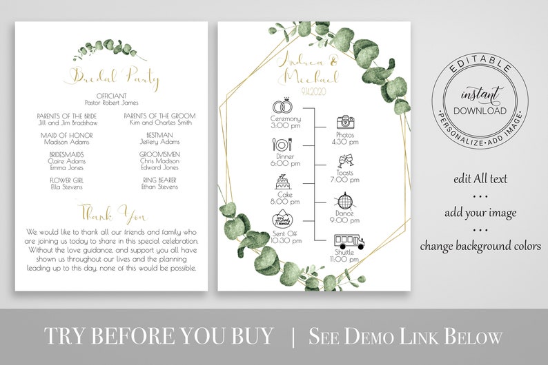 Gold Frame Greenery Fan Program Timeline, Wedding Order of Events, Ceremony Program 100% Editable PPW0445 image 2