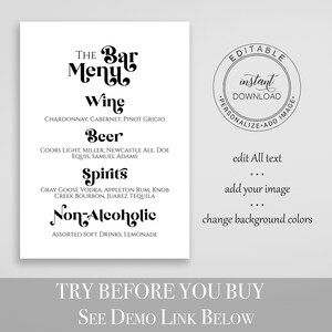 Bar Menu Sign Template, Wedding Drink Menu, Event Decoration Modern Retro Sign, Personalize Editable PPW74 image 2