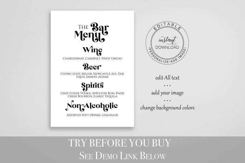 Bar Menu Sign Template, Wedding Drink Menu, Event Decoration Modern Retro Sign, Personalize Editable PPW74 image 2