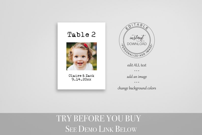 Photo Table Number Template, Event Seating, Wedding Table No. Cards Editable Printable PPW330 TYPEWRITER image 5