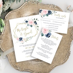 Wedding Invitation Suite, Invite, RSVP, Details Card, Navy and Pink Floral, Gold Frame, Editable Corjl Template PPW265 OLEA image 6