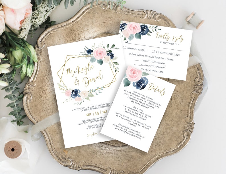 Wedding Invitation Suite, Invite, RSVP, Details Card, Navy and Pink Floral, Gold Frame, Editable Corjl Template PPW265 OLEA image 6