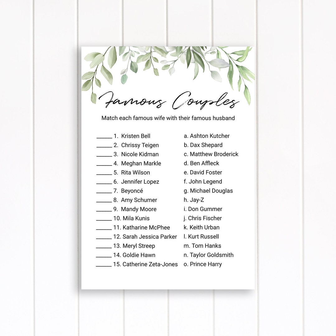 Famous Couples Game Printable Bridal Shower Wedding Corjl Template ...