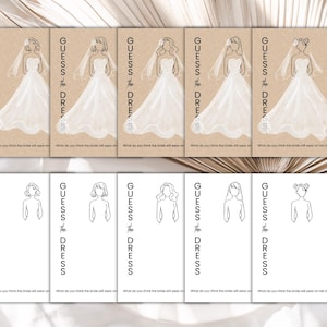 May include: Five brown cards with the text "Guess the Dress" and a line drawing of a bride in a wedding dress. Below the drawing is the text "What do you think the bride will wear on..." followed by a blank line. Five white cards with the text "Guess the Dress" and a line drawing of a bride in a wedding dress. Below the drawing is the text "What do you think the bride will wear on..." followed by a blank line.