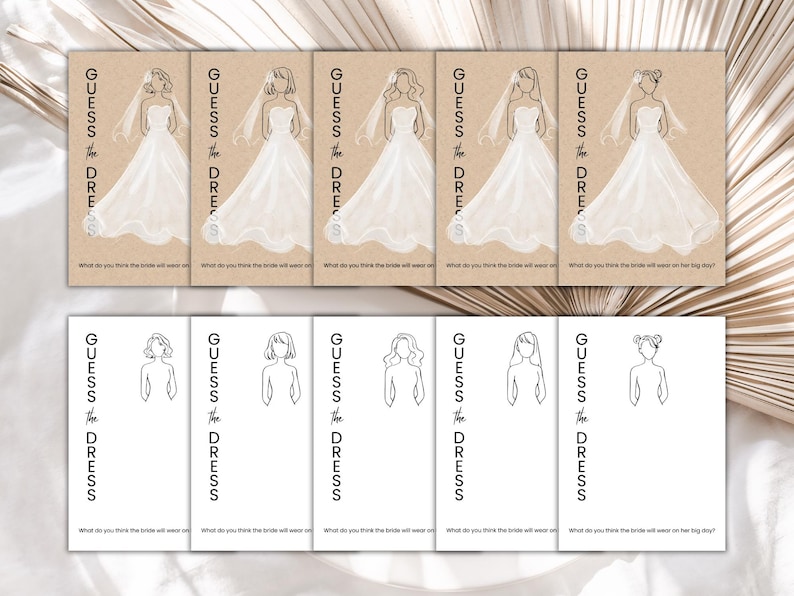 May include: Five brown cards with the text "Guess the Dress" and a line drawing of a bride in a wedding dress. Below the drawing is the text "What do you think the bride will wear on..." followed by a blank line. Five white cards with the text "Guess the Dress" and a line drawing of a bride in a wedding dress. Below the drawing is the text "What do you think the bride will wear on..." followed by a blank line.