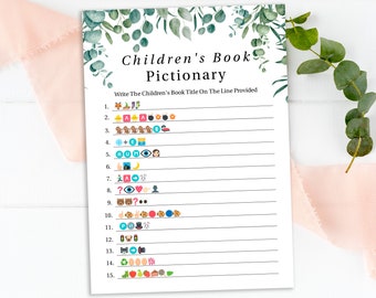 Children's Book Emoji Pictionary, Greenery Eucalyptus  Baby Shower Game, Green Foliage Gender Neutral Theme, Printable Game PPB0440