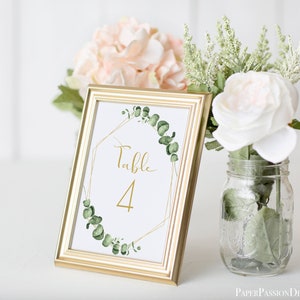 Greenery Wedding Table Number Template, Gold Geometric Table Decor, Printable Editable PPW0445 image 2