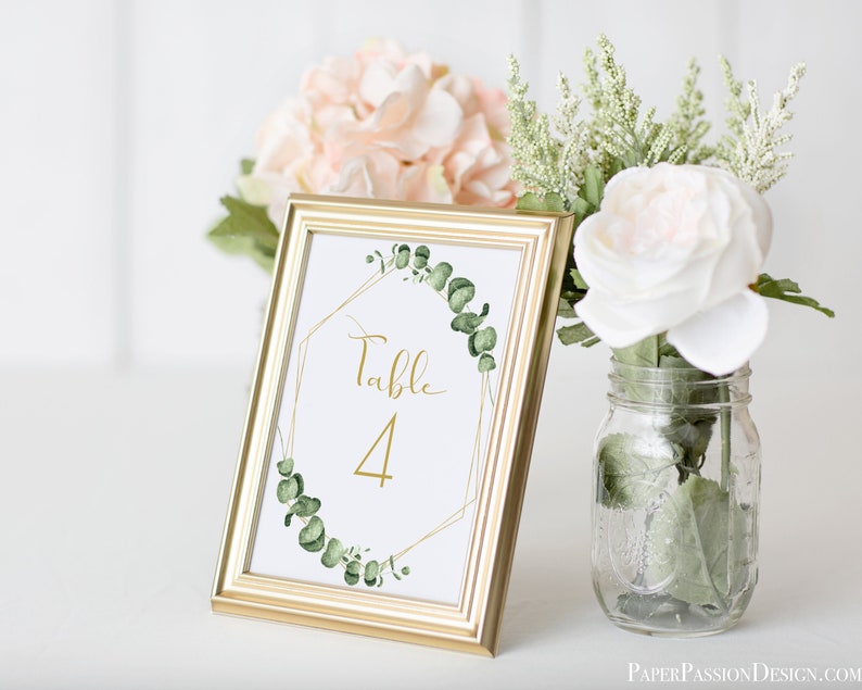 Greenery Wedding Table Number Template, Gold Geometric Table Decor, Printable Editable PPW0445 image 2