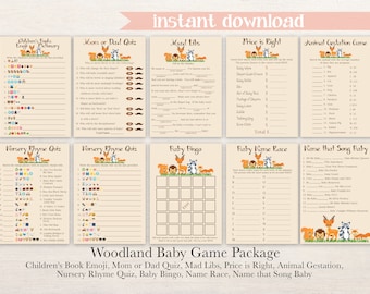 Woodland Animal Baby Shower Game Package,  Neutral Theme Bundle, Printable Game Set 0046