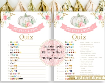 Sweet Pumpkin Emoji Nursery Rhymes Match Quiz ~ Pink and Gold Baby Shower ~ Baby Girl Pumpkin Design ~ Printable Game PPB130