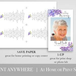Tarjeta de oración floral lila, tarjeta conmemorativa púrpura, celebración violeta de la vida, tarjeta de poema funerario, plantilla Corjl editable PPF2021LPB SHAE imagen 5