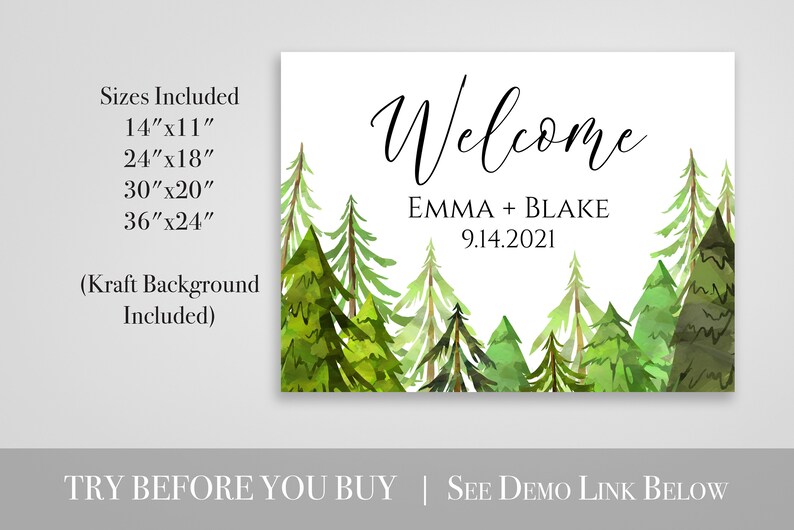 Wedding Welcome Sign Template, Pine Tree Forest Design, Easel Welcome Display Sign, Editable Template, Corjl LINDEN PPW410 image 2