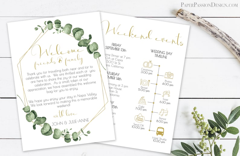 Templett PPW0445 Printable Out of Town Timeline Welcome Bag 100/% Editable Wedding Day Schedule Gold Frame Greenery Welcome Card