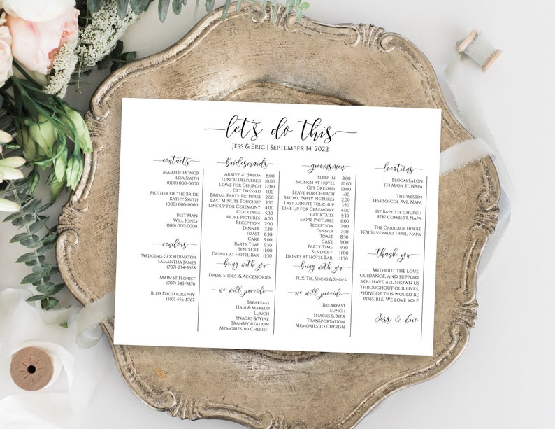 Wedding Party Timeline, Printable Wedding Day Schedule, Groomsmen Itinerary, Bridesmaid Agenda 100% Editable, Landscape Format PPW0550 Grace image 9