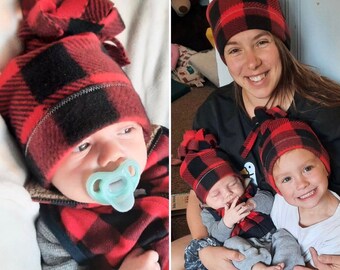 Red and black Buffalo plaid fleece hats