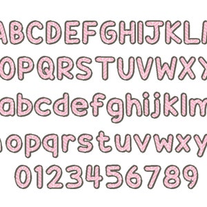 May include: A pink and grey alphabet font with a chevron pattern. The font includes uppercase and lowercase letters and numbers 0-9.