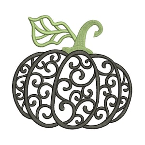 May include: A black and green decorative pumpkin with a swirling, intricate design. The pumpkin has a green stem and leaf.