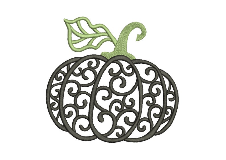 May include: A black and green decorative pumpkin with a swirling, intricate design. The pumpkin has a green stem and leaf.