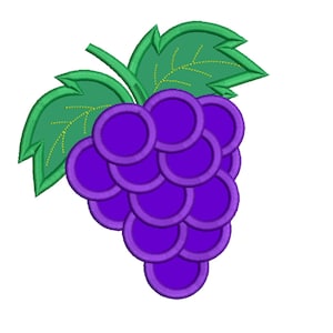 May include: A bunch of purple grapes with a green leaf stem. The grapes are arranged in a cluster, with the largest grape at the top.